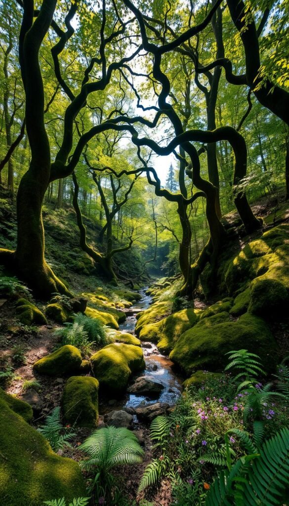 A serene, hidden clearing in a lush, verdant forest, dappled with sunlight filtering through the canopy of ancient, twisted trees. Mossy rocks and a small, babbling brook weave through the undergrowth, creating a tranquil, natural oasis. Ferns and wildflowers carpet the ground, providing a soft, inviting texture. The scene exudes a sense of mystery and enchantment, beckoning the viewer to discover this secret, idyllic haven. Captured with a wide-angle lens to emphasize the scale and depth of the forest, the image conveys a sense of wonder and a desire to explore this secluded, magical place.