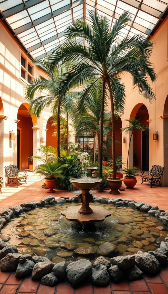 A serene indoor courtyard, bathed in warm, natural light filtering through an overhead glass atrium. In the center, a tranquil water feature - a cascading, tiered fountain surrounded by lush, verdant plants. Smooth river rocks line the edges, creating a soothing, meditative ambiance. Tall, potted palm trees sway gently, their fronds casting soft shadows on the terracotta-tiled floor. Ornate stone benches invite visitors to pause and take in the calming scene. The overall atmosphere is one of peaceful respite, a harmonious blend of nature and architectural elements that invites contemplation and relaxation.