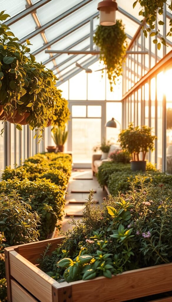 A serene indoor greenhouse bathed in warm, golden light filters through the glass panes. Lush, verdant herb plants line the shelves, their leaves gently swaying. A meandering path invites the viewer to embark on a sensory journey, with the aroma of thyme, basil, and rosemary filling the air. In the foreground, a wooden crate overflows with fragrant botanicals, a testament to the bounty of this homegrown oasis. The background reveals a cozy, inviting living space, hinting at the integration of this herb garden into the daily life of the inhabitant. The scene evokes a sense of tranquility, nurturing, and the rewarding experience of cultivating one's own indoor herb garden.