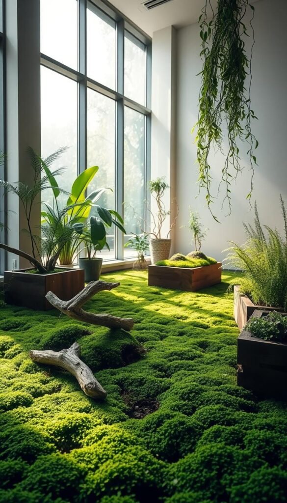 A serene indoor moss garden, illuminated by soft, natural lighting streaming through large windows. The lush, verdant moss carpets the ground, its emerald hues complemented by the earthy tones of wooden planters and driftwood accents. Delicate fronds of ferns and trailing vines add depth and texture, creating a harmonious, biophilic oasis. Capturing the essence of modern, minimalist design, the space exudes a sense of tranquility and balance, inviting the viewer to immerse themselves in the calming presence of nature, even in the most humid of indoor environments.