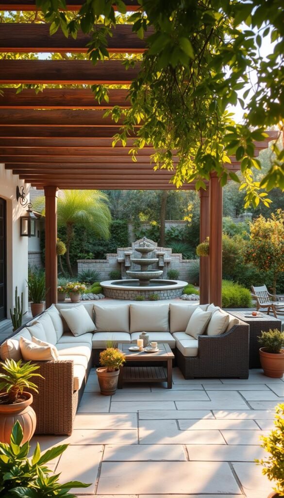 A serene, inviting outdoor patio with a cozy seating area and lush, verdant landscaping. The foreground features a plush L-shaped sectional sofa with neutral-toned cushions, surrounded by potted plants and small decorative items. In the middle ground, a wooden pergola casts a warm, dappled light over the space, while stone pavers lead the eye to a tranquil water feature in the background. The scene is bathed in the golden glow of a late afternoon sun, creating a welcoming, relaxing atmosphere perfect for unwinding and enjoying the outdoors.