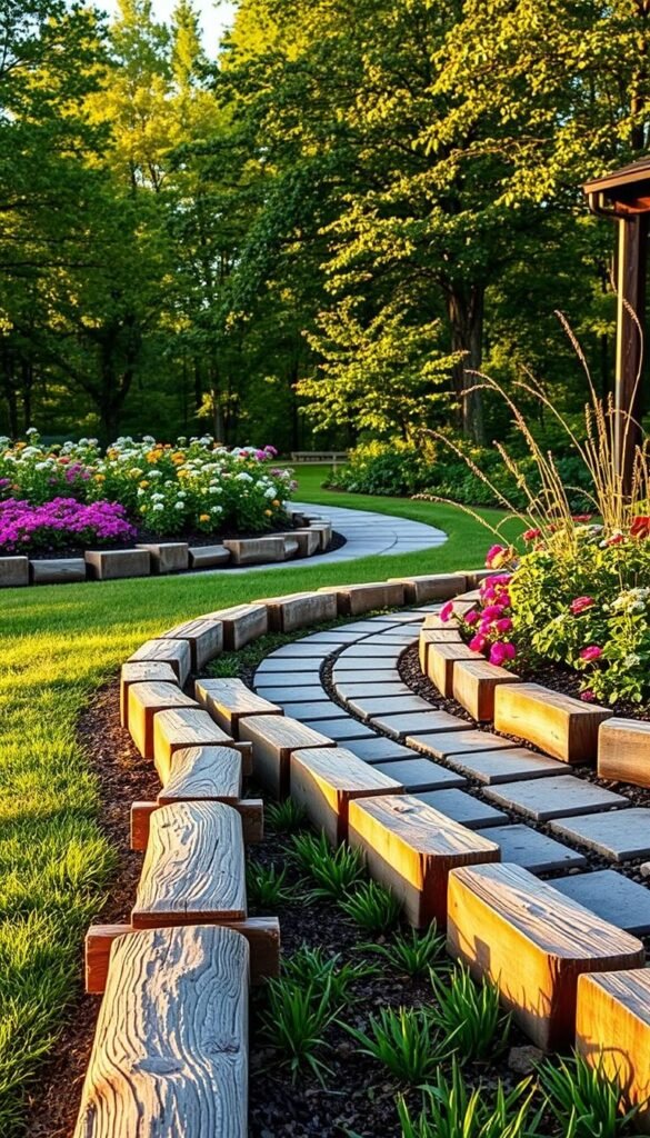 A serene landscape, bathed in warm, golden afternoon light. In the foreground, a carefully installed row of sturdy, weathered landscape timbers, their natural texture and grain visible. The timbers form a gentle curve, gracefully framing a lush flower bed filled with vibrant blooms. Midground, a winding path of natural stone pavers leads the eye deeper into the scene. In the background, a verdant forest canopy provides a tranquil backdrop, its verdant hues complementing the earthy tones of the timber edging. The overall composition conveys a sense of harmony and balance, inviting the viewer to step into this inviting outdoor oasis.
