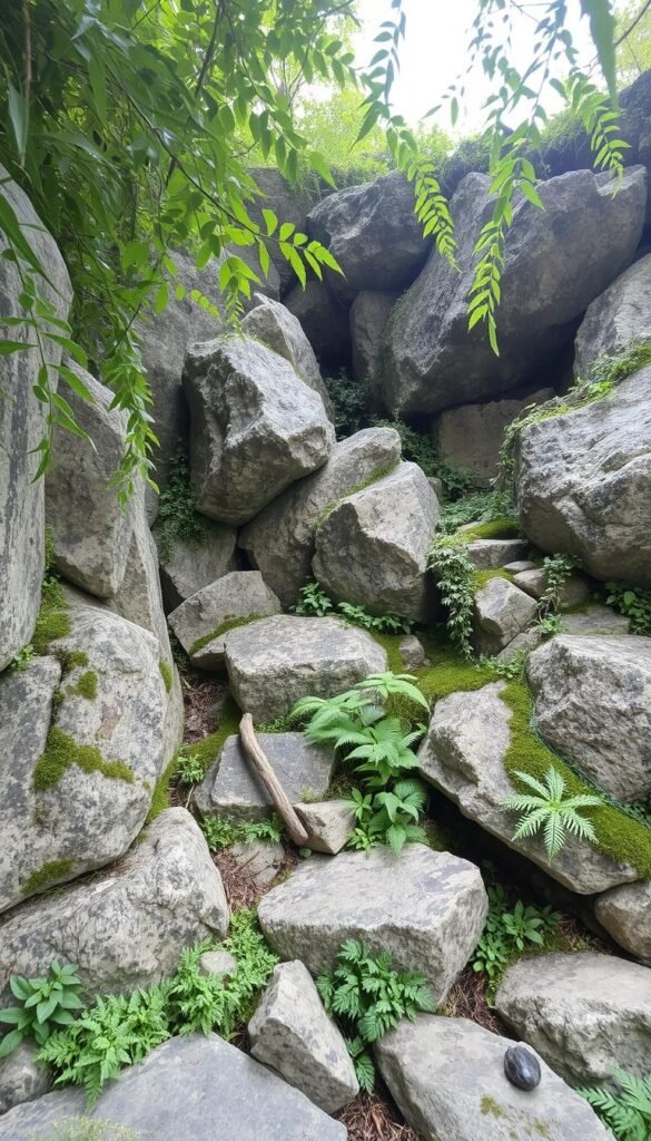 A serene natural rock garden nestled among lush foliage. Rugged boulders and weathered stones in varying shapes and sizes create a textured, organic landscape. Cascading greenery, including ferns, mosses, and low-growing plants, softens the edges and adds visual interest. Dappled sunlight filters through the canopy, casting gentle shadows and highlighting the unique textures. The overall scene exudes a sense of tranquility and harmony, inviting contemplation and a connection with the natural world.