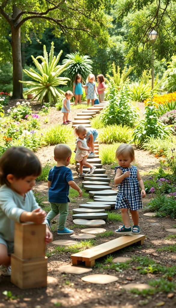 A serene outdoor scene of a sensory garden, with a group of young children engaged in various motor skill-building activities. In the foreground, a pair of toddlers carefully stacking wooden blocks and balancing on a low-profile balance beam. In the middle ground, a small group of children navigating a winding path of stepping stones, their brows furrowed in concentration. In the background, a lush, textured landscape featuring a variety of sensory-rich plants - from vibrant flowers to fragrant herbs - with dappled sunlight filtering through the leaves. The overall atmosphere is one of calm exploration and joyful discovery, captured with a soft, dreamlike quality and a slightly low camera angle to emphasize the children's perspectives.