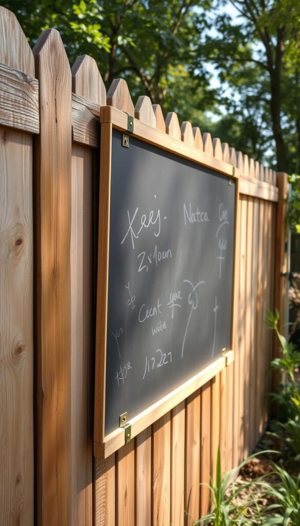 A serene outdoor setting, a sturdy wooden fence in the background, with a well-secured chalkboard mounted at a perfect eye-level height. The chalkboard is fastened securely to the fence using heavy-duty L-brackets, ensuring a stable and durable installation. The sunlight casts a warm, natural glow, creating a inviting atmosphere for garden lessons. The camera angle showcases the installation from a slightly elevated perspective, highlighting the robust mounting techniques. The scene conveys a sense of functionality and practicality, with the chalkboard ready to be used for creative outdoor activities.