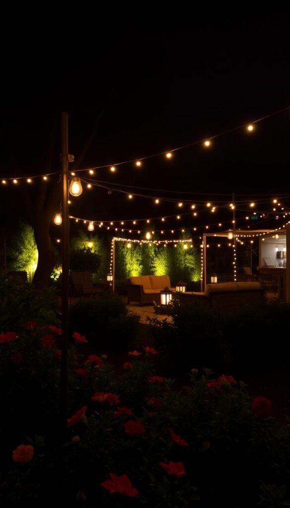 A serene outdoor space bathed in a warm, inviting glow. In the foreground, a lush garden with vibrant flowers and greenery, illuminated by a soft, ambient lighting system that casts a gentle radiance. In the middle ground, a cozy seating area surrounded by strategically placed lanterns and string lights, creating a mesmerizing pattern of light and shadow. In the background, the silhouettes of trees and structures are accentuated by subtle, uplighting, providing a sense of depth and dimension. The overall scene conveys a tranquil, atmospheric ambiance, perfect for enjoying the beauty of the outdoors.