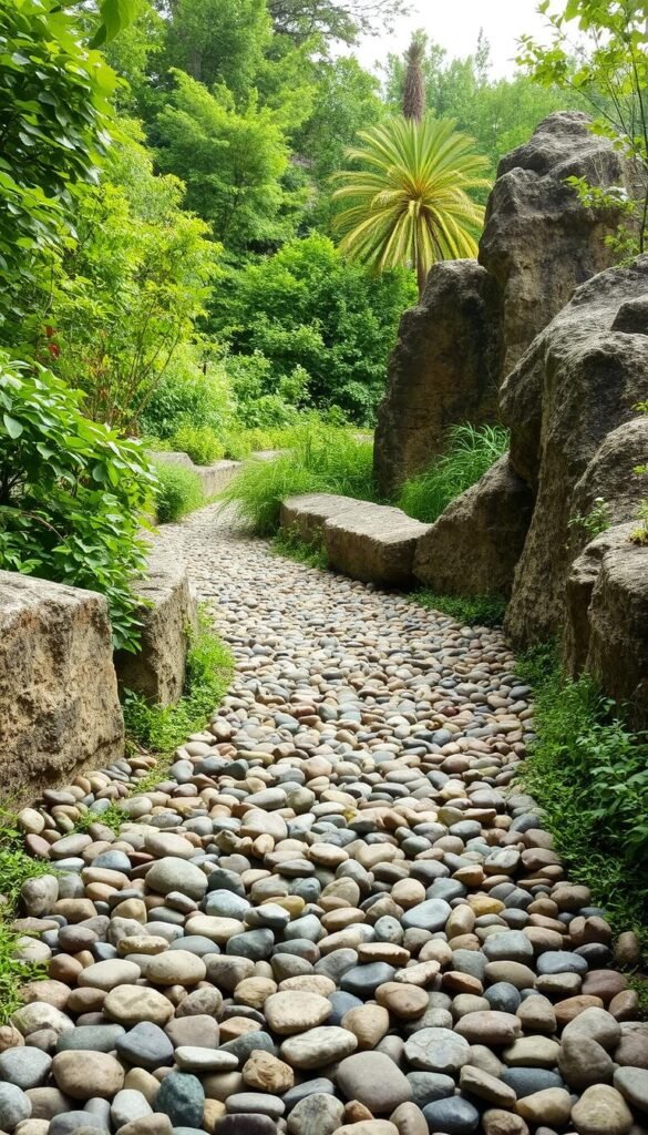 A serene pebble pathway winds through a lush, verdant garden, flanked by vibrant foliage and natural stone formations. The path is composed of a diverse array of smooth, rounded pebbles in earthy tones, creating a tactile and visually interesting surface. Soft, diffused lighting casts gentle shadows, accentuating the textural qualities of the stones. The pathway leads the viewer through a tranquil, contemplative scene, inviting exploration and connection with the natural world. The overall atmosphere is one of harmony and balance, perfectly encapsulating the essence of a creative, nature-inspired walkway.