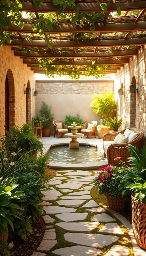 A serene, sun-dappled courtyard garden showcasing an array of natural materials. In the foreground, a beautifully crafted stone pathway winds through lush greenery, inviting visitors to explore. The middle ground features a tranquil water feature, its gentle ripples reflecting the soft natural light. In the background, intricately woven wicker furniture and richly textured stone walls create a cozy, intimate atmosphere. Strategically placed planters overflow with a vibrant mix of flowering plants and verdant foliage, adding pops of color and a sense of life to the space. Warm, golden light filters through the overhead trellis, casting a soothing glow and highlighting the natural elegance of the design.