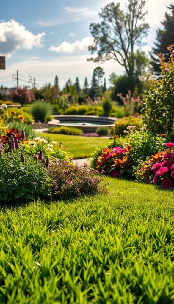 A serene, sun-dappled garden, the focus on a lush, verdant lawn in the foreground. Surrounding it, a variety of thriving perennials in full bloom - vibrant flowers, textured foliage, and healthy plants of diverse colors and shapes. In the middle ground, a small, meandering path invites exploration, while the background features a tranquil pond or water feature, its surface gently rippling. Soft, warm lighting filters through wispy clouds, casting a natural, golden glow over the entire scene. The overall impression is one of a thriving, well-balanced ecosystem, showcasing the ideal conditions for a flourishing, year-round perennial garden.