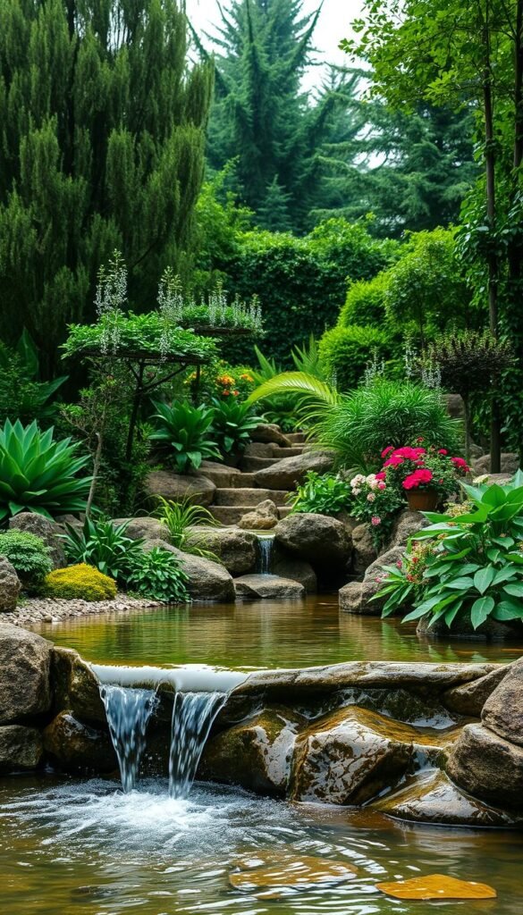 A serene, tranquil water feature set within a lush, verdant garden oasis. In the foreground, a gently cascading fountain or waterfall flows over natural rock formations, its soothing sounds and sparkling droplets captivating the eye. The middle ground showcases a variety of flourishing plants and flowers, their vibrant hues and textured foliage adding depth and visual interest. In the background, a harmonious blend of tall trees and shrubs frames the scene, creating a sense of enclosure and privacy. Soft, diffused lighting illuminates the entire composition, evoking a calming, meditative atmosphere. The overall aesthetic is one of natural beauty, harmony, and a rejuvenating escape from the everyday.