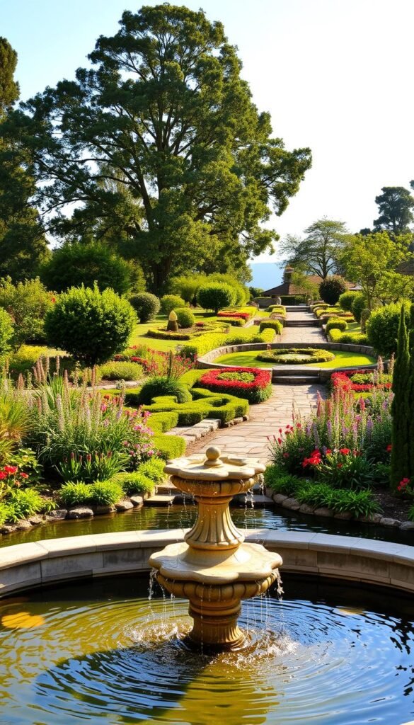 A serene water feature garden with a tranquil pond, surrounded by lush greenery and vibrant flowers. The foreground showcases a beautifully crafted stone fountain, its gentle cascading water creating a soothing ambiance. The middle ground features a pathway leading through a meticulously landscaped garden, dotted with a variety of ornamental plants and shrubs. In the background, a picturesque backdrop of mature trees and a clear, blue sky, creating a harmonious and inviting atmosphere. The scene is illuminated by warm, natural lighting, casting a soft, golden glow over the entire landscape, enhancing the overall sense of peace and tranquility.