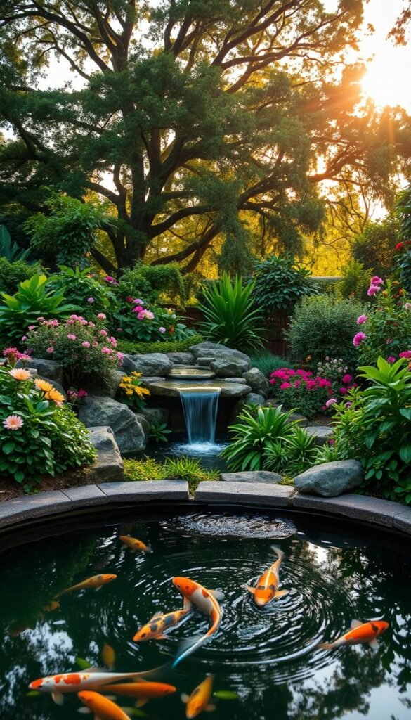 A serene water feature nestled in a lush garden oasis. In the foreground, a tranquil koi pond reflects the surrounding foliage and a gently cascading waterfall. The middle ground showcases an array of vibrant flowers and verdant plants, creating a serene and soothing atmosphere. In the background, a canopy of mature trees filters the soft, golden-hour light, casting a warm, dreamlike glow over the entire scene. The composition is balanced, with the water feature as the central focus, inviting the viewer to pause and bask in the calming ambiance. Crisp, high-resolution details capture the textures of the natural elements, from the smooth surface of the pond to the delicate petals of the blooms.