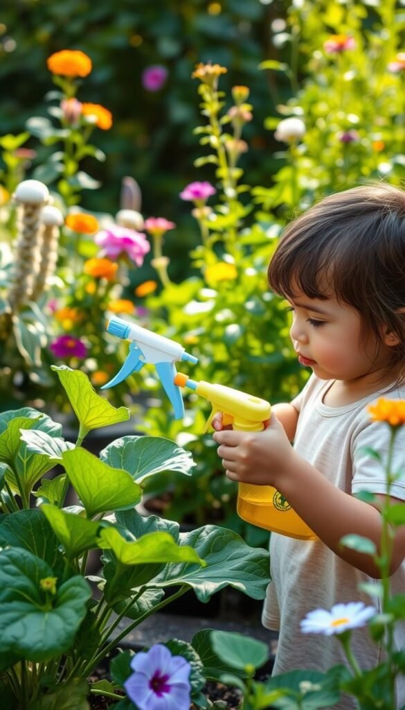 A serene, well-lit garden setting with a young child safely spraying a non-toxic organic pest deterrent from a child-sized hand-pump sprayer. The child's expression is one of focused concentration as they carefully apply the solution to the leaves of a lush, thriving vegetable plant. In the background, a variety of flourishing plants and flowers create a vibrant, natural backdrop. The scene conveys a sense of environmental harmony and responsible stewardship, with the child's actions demonstrating a thoughtful, eco-friendly approach to pest control.