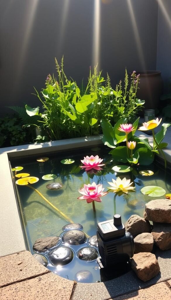 A serene, well-lit patio scene featuring a small, rectangular concrete pond filled with crystal-clear water. Vibrant, lush aquatic plants, such as water lilies and lotus blossoms, gently float on the surface, creating a tranquil, natural atmosphere. In the foreground, a simple yet elegant filtration system, comprising a submerged pump and strategically placed rocks, maintains the water's purity. Sunlight filters through wispy clouds, casting a warm, golden glow over the scene, accentuating the pond's reflective surface and the vivid colors of the surrounding foliage. The overall composition conveys a sense of balance, harmony, and effortless maintenance, perfectly capturing the essence of a healthy, aesthetically pleasing container water garden.