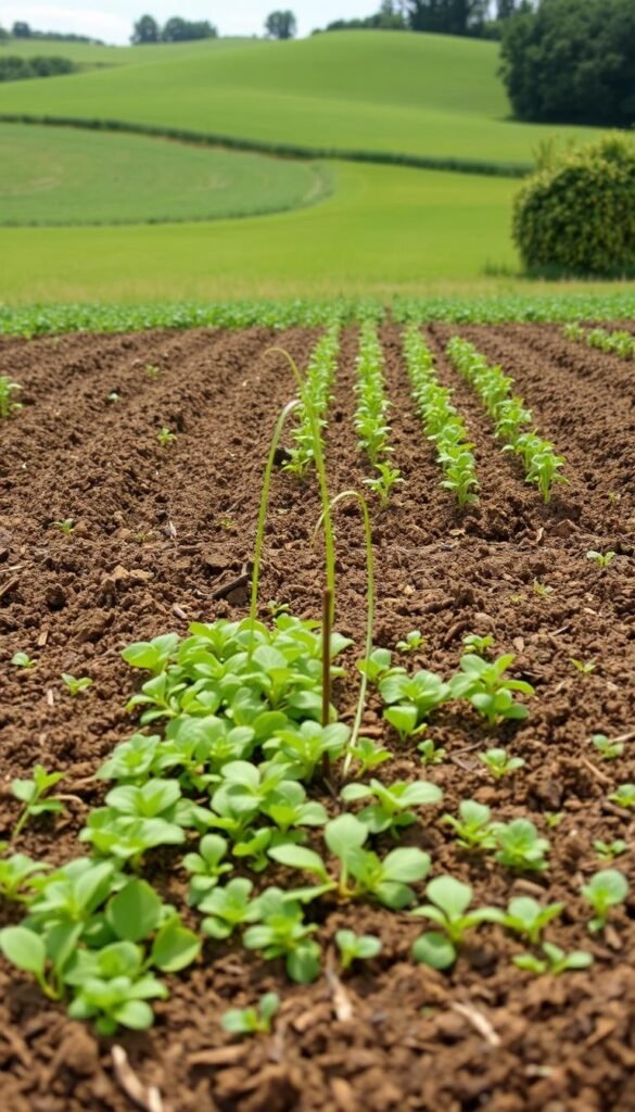 A side-by-side comparison of no-till and traditional tilling methods, captured under natural lighting. In the foreground, the no-till plot features nutrient-rich, undisturbed soil with dense, thriving vegetation. The middle ground showcases the traditional tilling plot, with freshly turned soil and sparse, struggling plants. In the background, a verdant, rolling landscape sets the scene. The image conveys the distinct differences in soil health, moisture retention, and plant vitality between the two farming techniques, allowing viewers to clearly understand the benefits of no-till agriculture.