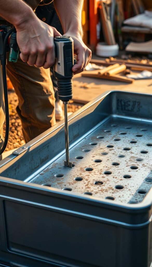 A skilled person drilling drainage holes into a sturdy metal garden bed, using a power drill with a metal-compatible bit. The bed is positioned on a level surface, with tools and materials neatly arranged nearby. Warm, natural lighting casts subtle shadows, highlighting the textures of the metal and the focus of the worker's task. The scene conveys a sense of purposeful, DIY practicality, with the goal of creating the optimal conditions for healthy plant growth in the raised bed.