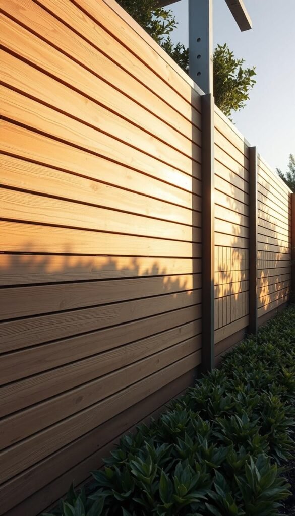 A sleek and modern horizontal slat fence design, featuring clean parallel wooden boards arranged with precise spacing. The fence stands tall, casting long shadows across a well-manicured garden. Soft, diffused lighting illuminates the textured wood grain, highlighting the minimalist aesthetic. The fence seamlessly blends into the background, creating a sense of tranquility and zen-like balance. A low-angle perspective emphasizes the linear composition, accentuating the fence's crisp, angular silhouette. This design exudes a refined, contemporary vibe that would complement a stylish, urban-inspired outdoor space.