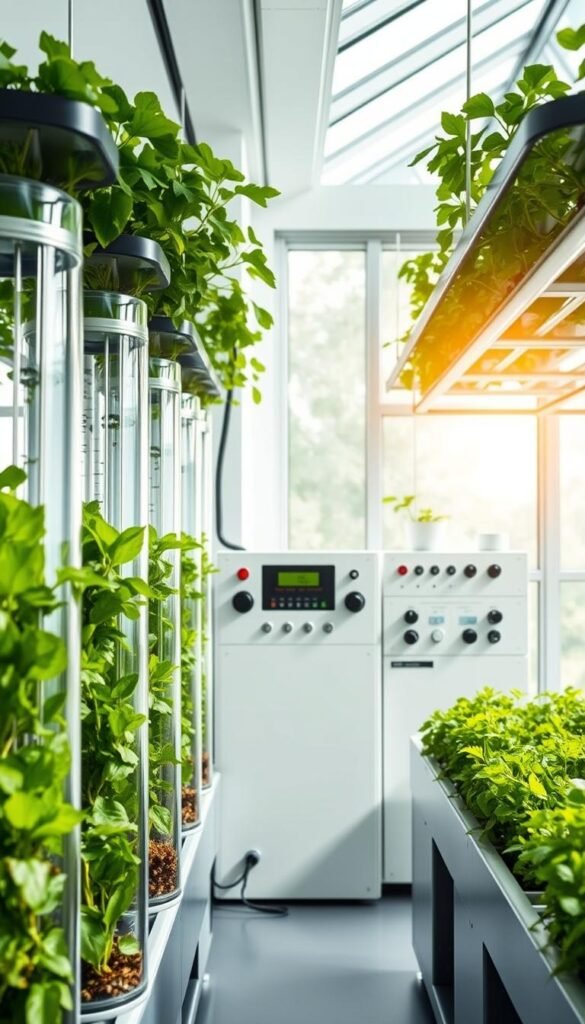 A sleek, modern hydroponic system in a bright, airy indoor environment. In the foreground, a series of clear, cylindrical grow tanks filled with a nutrient-rich solution, housing lush, verdant leafy greens and herbs. The middle ground features a minimalist, white-and-steel control panel with various knobs, dials, and digital displays, hinting at the system's sophisticated monitoring and automation capabilities. In the background, a floor-to-ceiling window floods the space with natural light, casting a warm, inviting glow and highlighting the geometric, architectural design of the hydroponic setup. The overall mood is one of innovation, efficiency, and the seamless integration of technology and nature, perfectly capturing the essence of a DIY indoor hydroponic garden.
