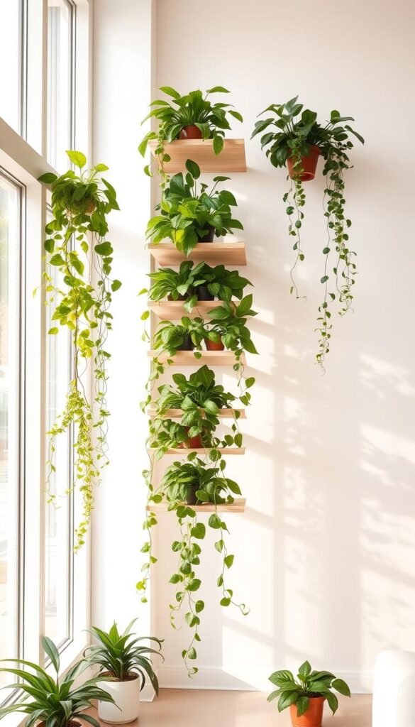 A sleek, modern interior with a vertical plant display in the foreground. A series of tiered shelves made of light-colored wood hold an assortment of lush, verdant houseplants in a variety of sizes and shapes. Trailing vines cascade gracefully down the shelves, creating a sense of depth and movement. Soft, indirect lighting from large windows bathes the scene in a warm, natural glow, highlighting the vibrant foliage. In the background, a minimalist white wall provides a clean, uncluttered backdrop to the botanical display. The overall composition conveys a harmonious, rejuvenating atmosphere, perfect for a small indoor garden.