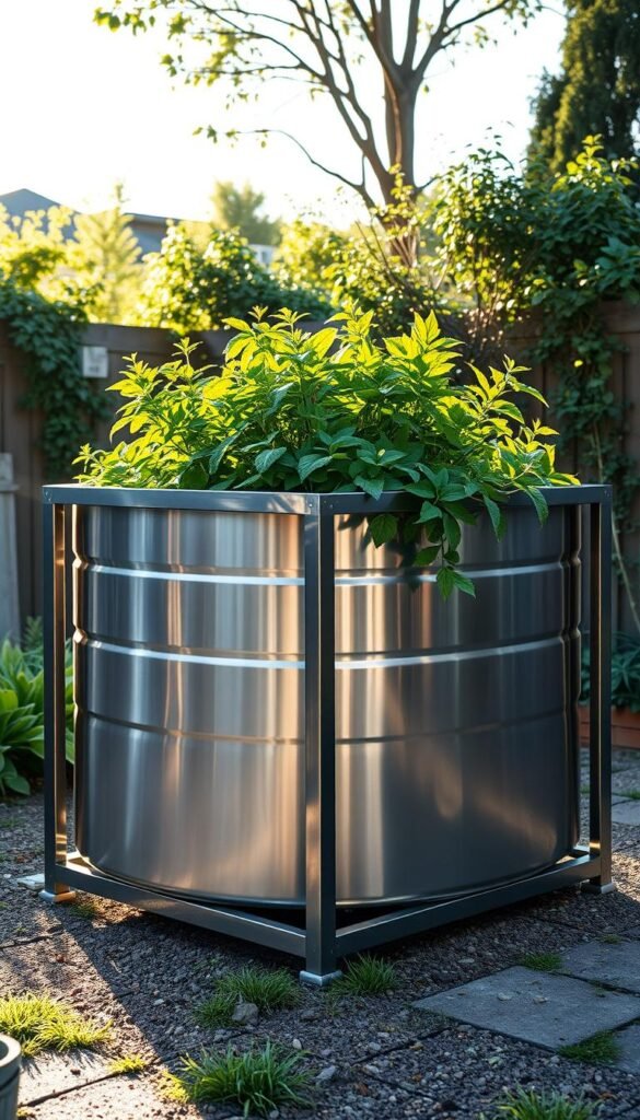 A sleek, modern metal raised garden bed stands prominently in a sun-dappled backyard. The polished steel frame gleams, its clean lines and minimalist design creating a sophisticated focal point. Lush, verdant plants spill over the sides, their vibrant foliage accentuating the industrial aesthetic. Warm, golden light bathes the scene, casting gentle shadows that add depth and texture. The bed is elevated, making it ergonomic and easy to tend. Its sturdy, weatherproof construction promises years of stylish, low-maintenance gardening. This versatile, aesthetically-pleasing raised bed is the perfect choice for a stylish, stock tank-inspired backyard oasis.