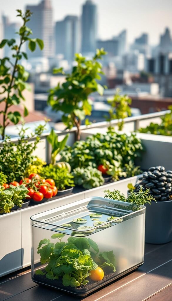A sleek, modern self-watering container system set against a backdrop of lush, urban rooftop greenery. In the foreground, the container's minimalist design features a transparent reservoir filled with crystal-clear water, allowing the user to monitor the soil moisture level with ease. The mid-ground showcases a variety of thriving vegetables and herbs, their vibrant colors and healthy foliage conveying the system's efficient self-regulating capabilities. The background depicts a cityscape skyline, hinting at the container's suitability for transforming underutilized urban spaces into productive, sustainable garden oases. Warm, natural lighting casts a gentle glow, emphasizing the harmony between technology and nature.