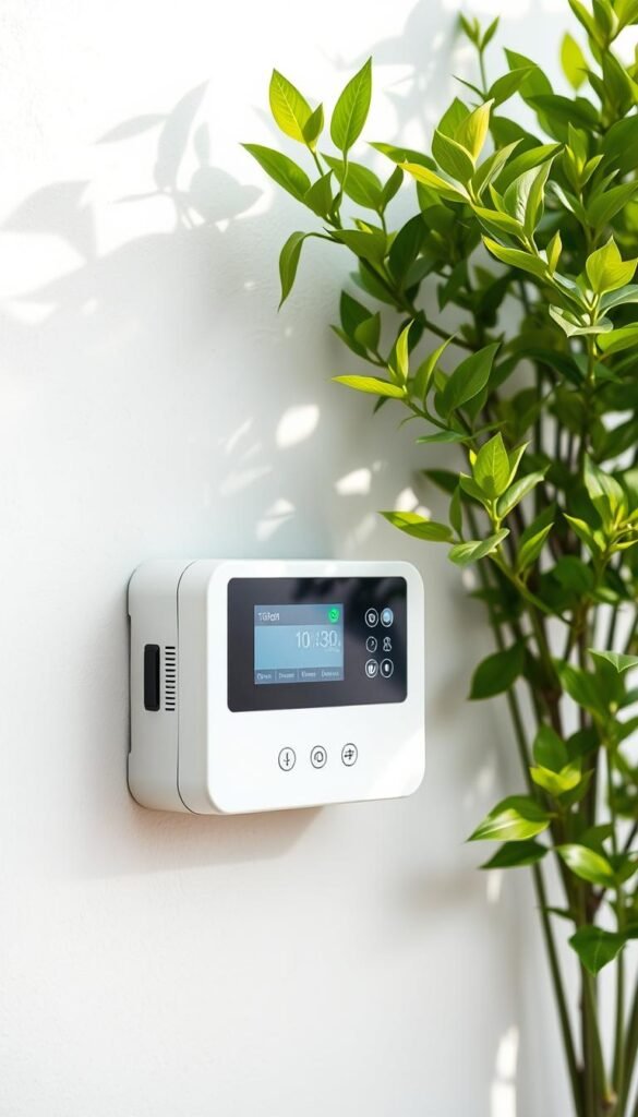 A sleek, modern smart irrigation controller setup situated on a light-colored wall. The device features a digital display, intuitive touch controls, and a streamlined, minimalist design. The background showcases lush, verdant plants, hinting at the precise, water-efficient irrigation system the controller manages. Soft, natural lighting illuminates the scene, creating a calming, high-tech ambiance. The overall composition conveys the intersection of advanced technology and sustainable, eco-friendly gardening practices.