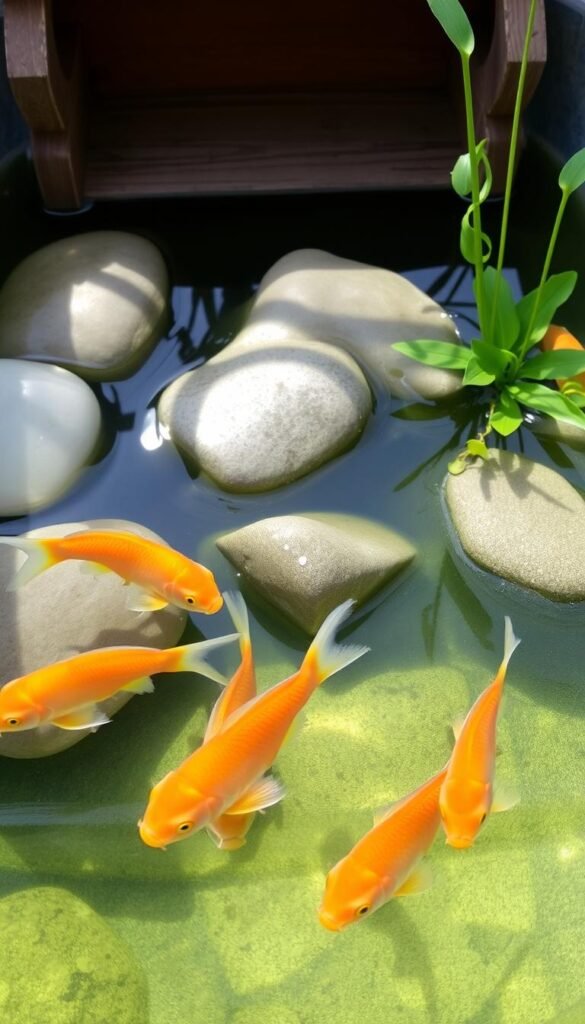A small, tranquil container pond with crystal-clear water, home to a delightful school of vibrant, iridescent fish. In the foreground, the fish gracefully swim, their scales catching the soft, natural light filtering through the pond's surface. The middle ground features smooth river rocks and lush aquatic plants, creating a serene, natural oasis. In the background, a simple wooden or stone container frame provides a rustic, earthy contrast, complementing the peaceful scene. The overall mood is one of quiet contemplation, inviting the viewer to immerse themselves in the calming, rejuvenating presence of this miniature aquatic garden.