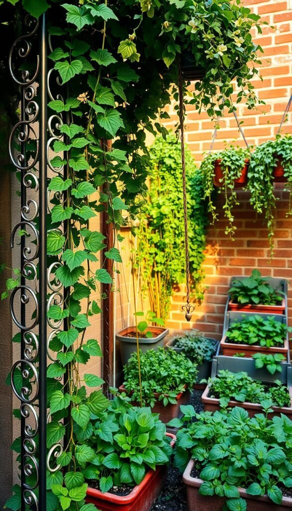 A small urban garden with lush greenery cascading from raised garden beds and trellises, maximizing the vertical space. The foreground features an ornate metal trellis supporting climbing vines and flowers, casting intricate shadows. In the middle ground, tiered planters with leafy herbs and vegetables line the perimeter, creating a sense of abundance. The background showcases a brick wall, partially obscured by hanging baskets overflowing with trailing plants, evoking a serene, nature-infused atmosphere. Warm, diffused lighting illuminates the scene, highlighting the textures and vibrant colors of the thriving flora. Captured with a wide-angle lens to accentuate the vertical elements and sense of depth.