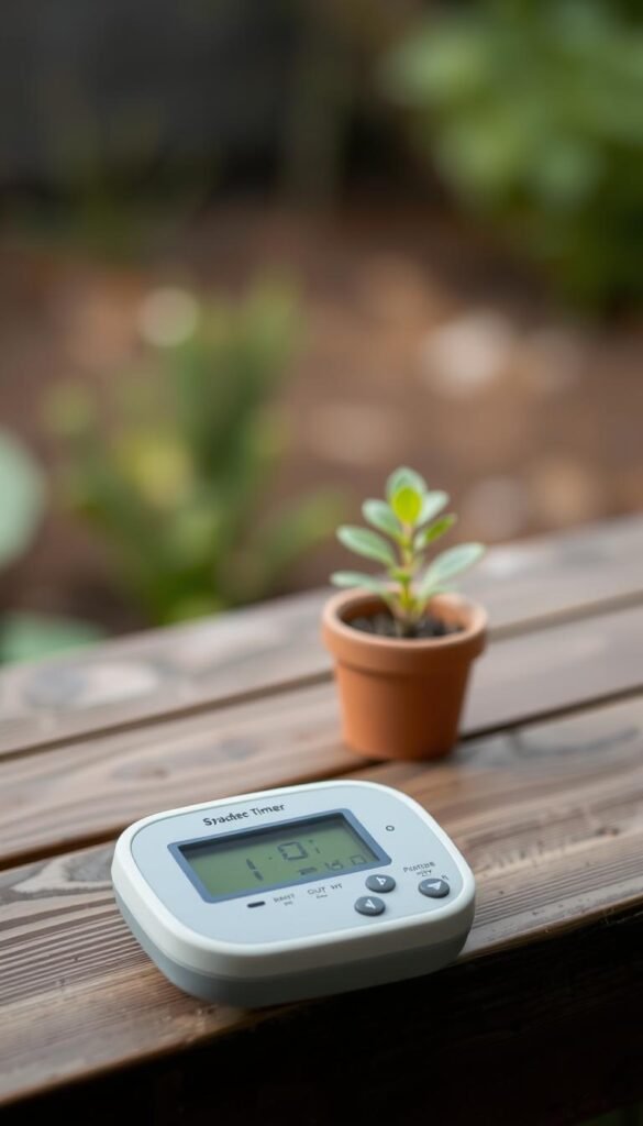 A smart garden timer for a drip irrigation system, resting on a wooden surface. The timer has a sleek, minimalist design with a digital display and simple controls. The foreground shows the timer in detail, with its various settings and buttons clearly visible. The middle ground features a small potted plant, symbolizing the connection between the timer and the garden. The background blurs out, creating a soft, natural ambiance, with hints of greenery and earthy tones. The lighting is subtle and diffused, creating a calm, inviting atmosphere. The overall composition conveys a sense of effortless automation and precision in the gardening process.
