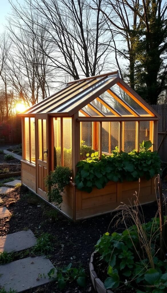 A south-facing cold frame nestled in a well-tended garden, its wooden frame casting long shadows as the sun dips low in the sky. The angled glass panels capture the last rays, creating a cozy microclimate perfect for extending the growing season. Lush vegetation spills over the edges, hinting at the abundance within. The frame's placement is strategic, taking advantage of the sun's trajectory and sheltered from harsh winds. A pathway winds nearby, inviting the gardener to inspect their winter crops thriving under the frame's protective embrace. The scene exudes a sense of productive tranquility, a harmonious integration of human ingenuity and nature's cycles.