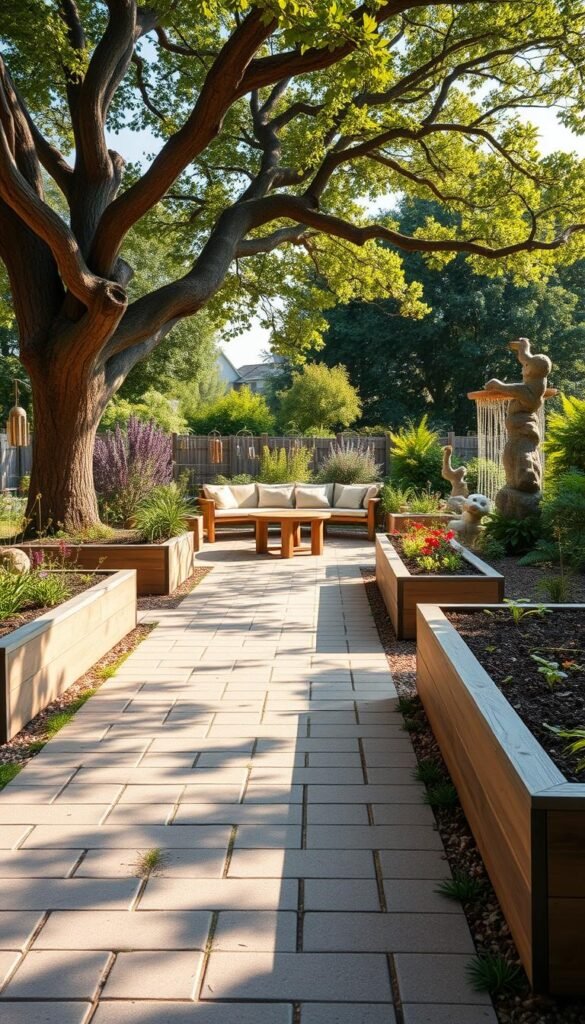 A spacious, accessible garden designed for children's play and exploration. The foreground features a wide, gently sloping path made of smooth, textured pavers, allowing easy navigation for those with mobility challenges. Raised garden beds in varying heights border the path, inviting curious hands to touch and interact with the vibrant, sensory-rich plants. In the middle ground, a shaded seating area with cushioned benches and a low table encourages rest and observation. Dappled sunlight filters through the canopy of a mature, gnarled tree, casting a warm, natural glow. The background showcases a diverse array of whimsical, tactile elements - chimes, wind sculptures, and interactive water features - sparking the imagination and engaging the senses. An inclusive, joyful space that fosters wonder and exploration for children of all abilities.