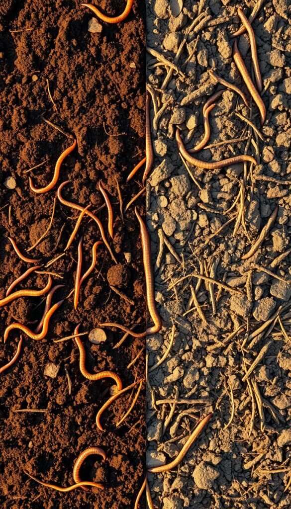 A split-screen image showcasing the distinct soil health characteristics of no-till and traditional tilling methods. On the left, a lush, dark brown soil with abundant earthworms, organic matter, and root structures, representing the robust ecosystem of a no-till plot. On the right, a lighter, compacted soil with fewer visible signs of life, symbolizing the disrupted natural balance of a traditional tilled area. The two sections are divided by a vertical line, bathed in warm, golden sunlight that enhances the visual contrast. The scene is captured from a slightly elevated perspective, providing a comprehensive overview of the soil health differences. The overall atmosphere conveys the importance of sustainable land management practices.