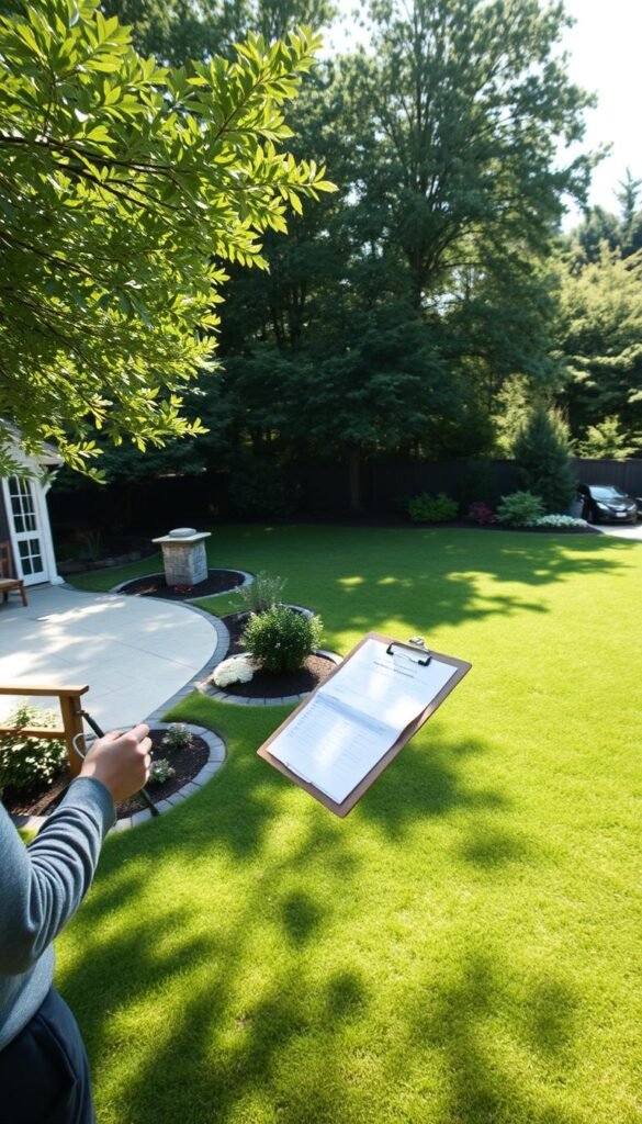 A sprawling backyard landscape, meticulously surveyed with a clipboard in hand. A blend of lush greenery and well-defined zones - patio, garden beds, and a verdant lawn. The scene is bathed in soft, natural lighting, captured through a wide-angle lens that emphasizes the depth and expanse of the outdoor space. Subtle shadows cast by the surrounding trees create a sense of depth, inviting the viewer to explore the various elements. The overall mood is one of thoughtful assessment, as the viewer is encouraged to consider the potential of this backyard oasis and how it can be maximized for outdoor living.