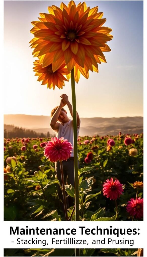 A sprawling dahlia garden bathed in warm, golden light. In the foreground, a gardener meticulously stakes a towering dahlia bloom, supporting its heavy head. The middle ground showcases lush, vibrant dahlia plants in various stages of growth, their leaves glistening with gentle mist. In the background, a picturesque landscape of rolling hills and a serene blue sky. The scene conveys a sense of tranquility and the dedicated care required to cultivate these stunning flowers. The image captures the essence of the "Maintenance Techniques: Staking, Fertilizing, and Pruning" section, highlighting the importance of hands-on techniques for the optimal growth and display of dahlias.