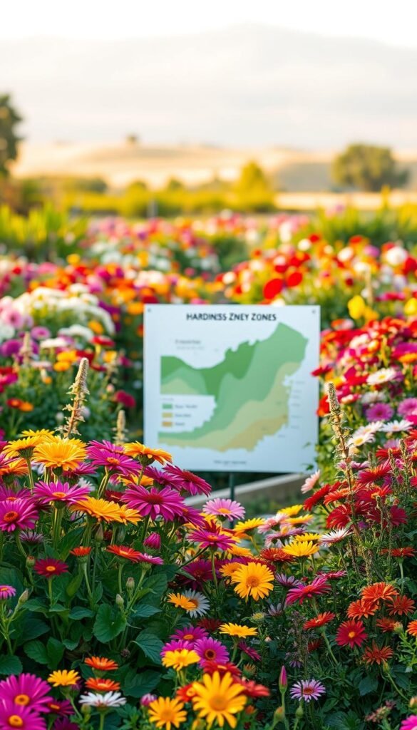 A sprawling garden bursting with lush, diverse perennial plants, showcasing the intricate hardiness zones that govern their growth. The foreground features a vibrant array of blooming flowers in a range of colors, carefully selected to thrive in the local climate. In the middle ground, a detailed map of the hardiness zones, delineating the optimal growing regions for various plant species. The background depicts a softly blurred landscape, hinting at the broader geographical context. Warm, natural lighting bathes the scene, creating a sense of tranquility and an inviting, educational atmosphere. The overall composition emphasizes the harmonious interplay between plants and their environmental conditions, inspiring gardeners to thoughtfully plan their perennial gardens.
