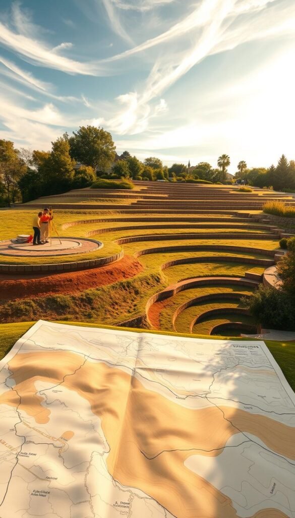 A sprawling multi-level yard with gentle sloping terraces, illuminated by warm afternoon sunlight filtering through wispy clouds. In the foreground, a detailed topographic map lays out the undulating terrain, with contour lines and gradient shading revealing the subtle elevation changes. The middle ground showcases a team of landscapers meticulously analyzing the slope, using surveying tools and taking measurements to assess drainage, erosion, and construction feasibility. In the background, the yard extends into a lush, verdant garden, hinting at the potential for a stunning tiered landscape design. The overall mood is one of careful planning and assessment, with a sense of anticipation for the transformation to come.