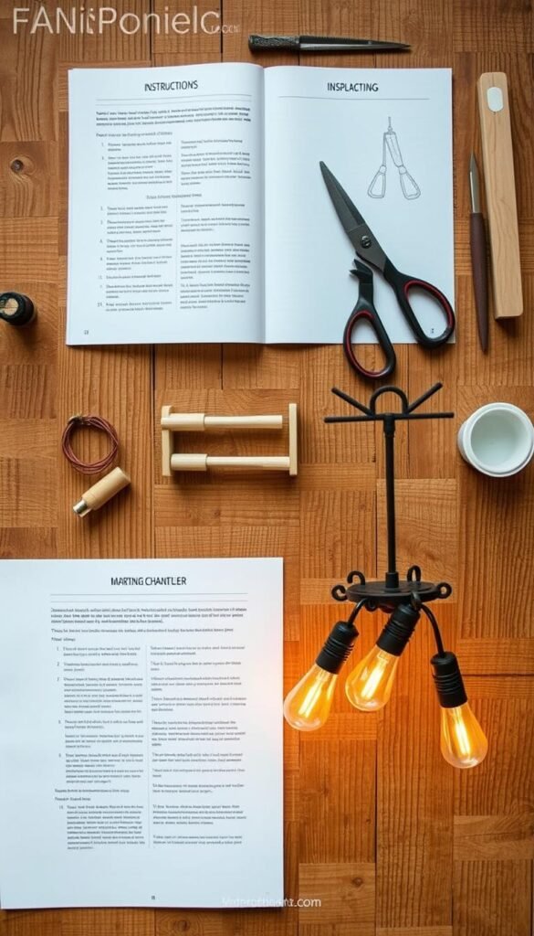 A step-by-step DIY guide to building a rustic, wooden garden chandelier. Detailed instructions unfold across a textured, natural wooden surface, with tools and materials neatly arranged. Warm, directional lighting illuminates each step, casting soft shadows and highlights. The composition is balanced, with a clean, minimalist aesthetic that emphasizes the handcrafted process. Earthy tones and organic textures create a sense of serene, outdoor ambiance, perfectly suited to accompany a feature on creating enchanting outdoor lighting.