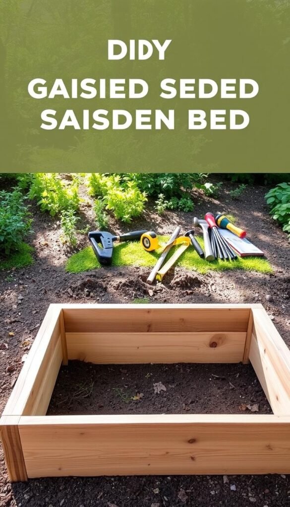 A step-by-step guide to constructing a raised garden bed. In the foreground, a wooden frame with clean, precise joints and sturdy, weathered planks. In the middle ground, various construction tools neatly arranged - a saw, hammer, screwdriver, and measuring tape. The background depicts a sun-dappled garden setting, with lush greenery and a serene, natural atmosphere. The lighting is soft and diffused, creating a warm, inviting ambiance. The camera angle is slightly elevated, providing a clear, unobstructed view of the entire construction process. Overall, the image conveys a sense of simplicity, practicality, and the rewarding experience of DIY gardening.