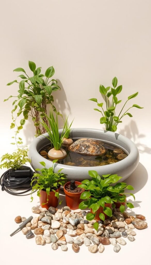 A still life arrangement of mini pond supplies against a clean, neutral background. In the foreground, an assortment of aquatic plants in small pots, their lush foliage cascading over the edges. Beside them, a compact water pump and tubing coiled neatly. In the middle ground, a smooth, river rock-lined basin filled with clear, reflective water. Surrounding the pond, a scattering of decorative pebbles and small, smooth stones. Warm, natural lighting casts soft shadows, highlighting the textures and colors of the scene. The overall impression is one of tranquility and simplicity, perfectly suited for a patio or small urban garden.