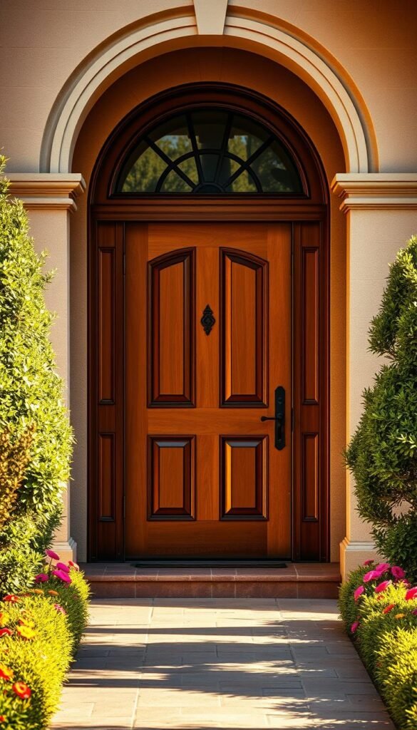 A stunning entryway featuring a classic wooden front door with intricate panels and decorative hardware. The door is framed by a well-manicured garden, with lush greenery and vibrant flowers lining the path leading up to it. Warm, natural lighting bathes the scene, creating a welcoming and inviting atmosphere. The architectural details of the door, such as the arched top and ornamental accents, are highlighted to showcase its elegant design. The overall composition conveys a sense of sophisticated curb appeal, drawing the viewer's attention to the thoughtfully designed entry point of the home.