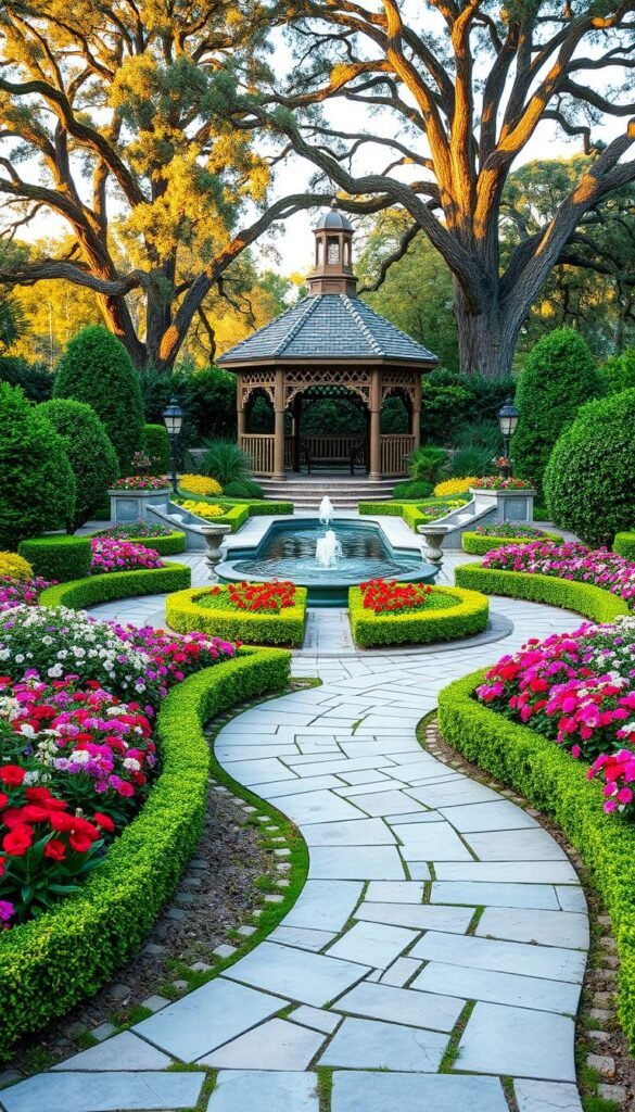 A stylish and functional garden layout featuring a variety of lush, well-manicured flower beds and neatly trimmed shrubs. In the foreground, a winding stone pathway leads visitors through a colorful display of vibrant blooms in a symmetrical pattern. The middle ground showcases a tranquil reflecting pool surrounded by cascading water features and ornamental plants. In the background, a stunning gazebo with intricate latticework stands as the focal point, framed by towering oak trees casting a warm, golden glow across the entire scene. The overall composition exudes a sense of harmony, balance, and serene elegance, perfect for a visually striking and functional flower garden.