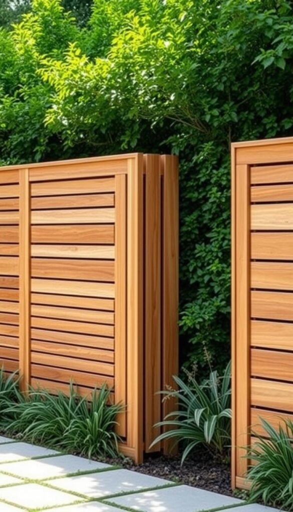 A stylish, modern privacy fence design set against a lush, verdant garden backdrop. The fence is constructed of sleek, interlocking wooden panels, with a mix of vertical and horizontal lines that create a visually striking, geometric pattern. The wood has a warm, natural finish that complements the surrounding foliage. Soft, diffused natural lighting filters through the garden, casting gentle shadows and highlighting the texture of the wooden elements. The overall composition conveys a sense of refined elegance and thoughtful design, elevating the garden's privacy while seamlessly integrating with the surrounding landscape.