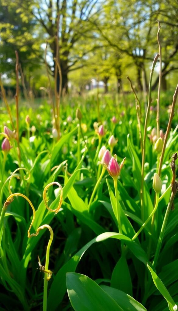 A sun-dappled garden bed, lush with the verdant growth of emerging spring plants. In the foreground, delicate tendrils of new foliage unfurl, their tips tinged with vibrant hues. Midground, clusters of tender buds swell, their petals about to burst open. In the background, last season's stalks and stems recede, giving way to the rejuvenating cycle of nature. Soft, diffused lighting filters through a canopy of budding trees, casting a warm, golden glow over the scene. A sense of renewal and potential permeates the air, as the garden transitions from winter's rest to the vibrant awakening of spring.