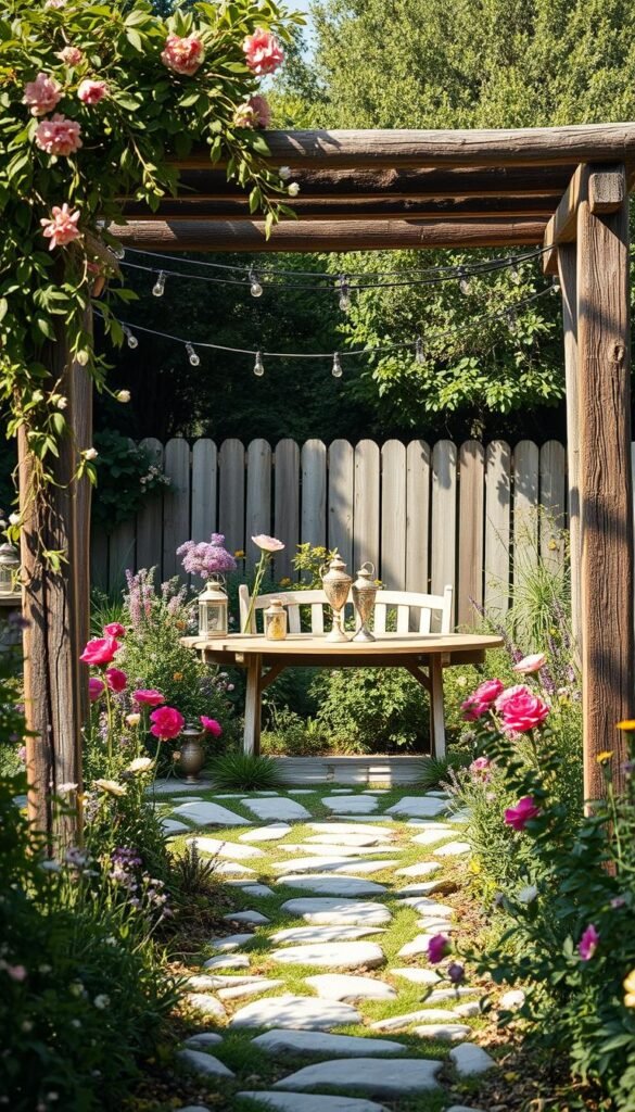 A sun-dappled garden oasis, lush with vibrant blooms and weathered wooden elements. In the foreground, a rustic arbor adorned with cascading vines and wildflowers frames the scene. Smooth river stones line a winding path, leading the eye towards a vintage-inspired bench situated amidst a tapestry of wildflowers and herbs. Overhead, an airy canopy of string lights casts a warm, romantic glow, while a weathered wooden table in the middle ground holds an eclectic array of vintage vases, lanterns, and botanical accents. In the background, a weathered wooden fence encloses the enchanting space, creating a sense of intimate seclusion. The overall atmosphere is one of natural, effortless elegance, perfect for an unforgettable garden wedding ceremony.