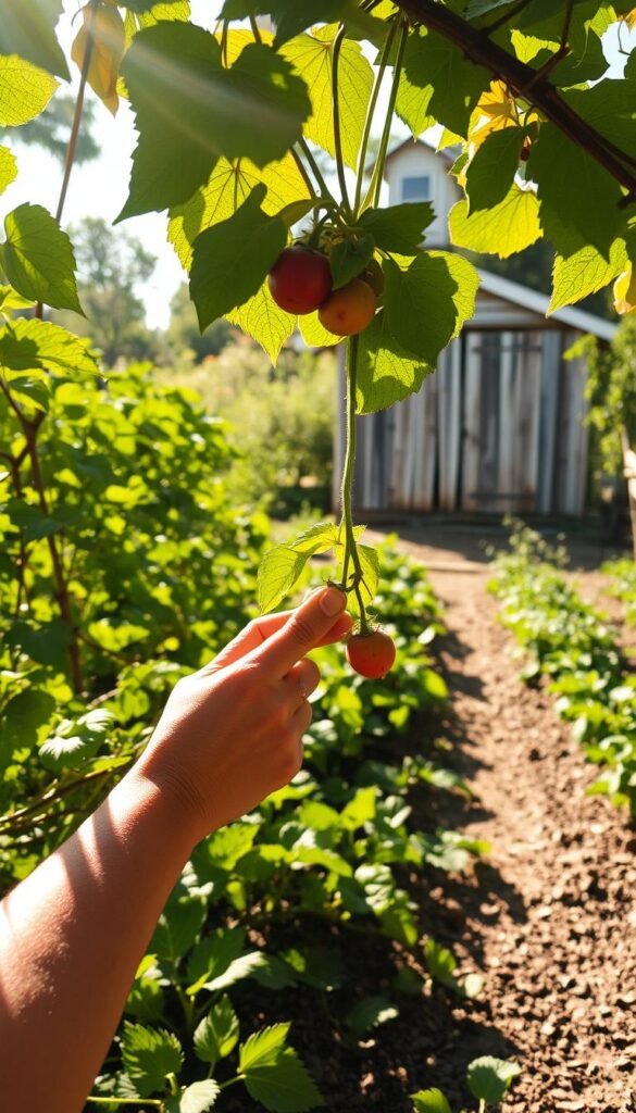 A sun-dappled garden scene, showcasing the gentle art of harvesting. In the foreground, a person's hands tenderly pluck ripe produce from verdant vines, their movements fluid and unhurried. The middle ground reveals rows of lush, thriving plants, their leaves casting soft shadows across the well-tended soil. In the background, a weathered wooden shed stands, its rustic charm complementing the tranquil ambiance. Warm, golden light filters through the canopy, casting a serene glow over the entire tableau. The overall mood is one of reverence and respect for the natural cycle of growth and renewal.