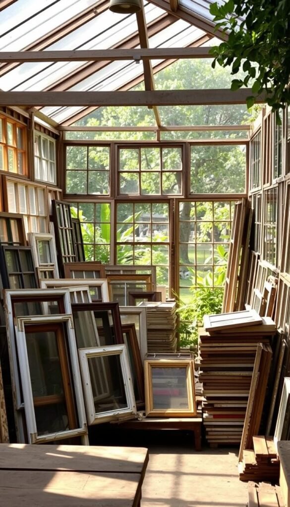 A sun-dappled greenhouse setting, its walls lined with a diverse array of vintage windows, each one a unique treasure from the past. In the foreground, a weathered wooden workbench holds an assortment of old window frames, their weathered patina hinting at stories untold. The middle ground reveals stacks of antique window panes, their glass panes reflecting the warm, golden light filtering in from overhead. In the background, a lush garden frames the scene, its verdant foliage providing a natural backdrop for this rustic, timeless display. The lighting is soft and diffused, creating a welcoming, nostalgic atmosphere that invites the viewer to imagine the possibilities of repurposing these vintage windows for a one-of-a-kind greenhouse project.