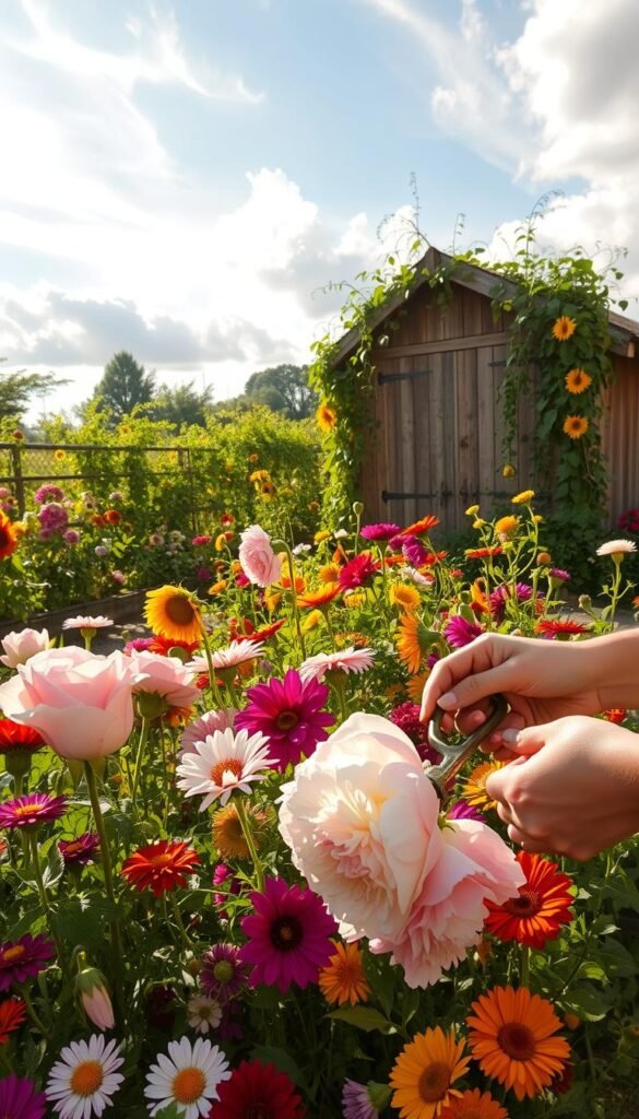 A sun-dappled harvest scene in a lush, vibrant cut flower garden. In the foreground, delicate blooms of roses, peonies, and dahlias are carefully snipped from their stems by a gardener's gentle hands. The middle ground showcases an abundance of seasonal flowers - cosmos, zinnias, and sunflowers sway in a light breeze. In the background, a wooden shed is partially obscured by a flourishing trellis of sweet peas and morning glories. Warm, golden light filters through wispy clouds, casting a soft, dreamy glow over the entire tableau. The overall mood is one of tranquility, abundance, and the satisfaction of a bountiful harvest.