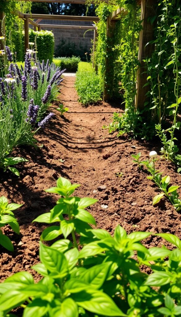 A sun-dappled herb garden, soil rich and loamy, textured with organic matter. In the foreground, lush green leaves of basil, thyme, and rosemary bask in the warm glow. The middle ground reveals a winding path, edged with fragrant lavender and dainty chamomile blooms. Farther back, a wooden trellis supports climbing vines, their tendrils reaching towards the sky. Soft shadows dance across the scene, creating a sense of depth and tranquility. The lighting is natural, with a gentle, diffused quality that enhances the vibrant colors and earthy tones. The perspective is slightly elevated, allowing the viewer to take in the entire garden layout. An atmosphere of peaceful productivity and bountiful growth pervades the image.
