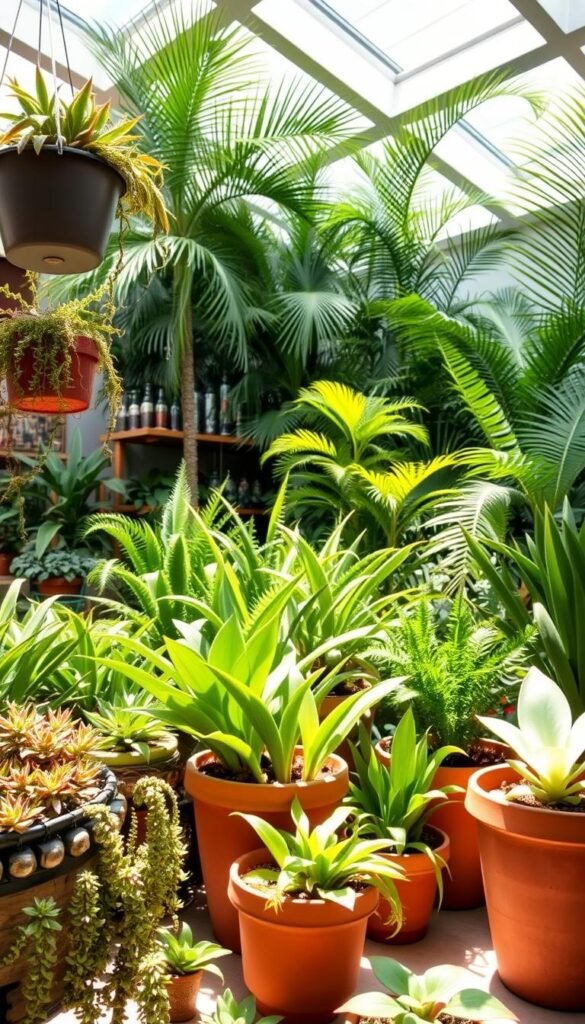 A sun-dappled indoor garden filled with lush, vibrant plants that are safe and non-toxic for curious pets. In the foreground, a mix of resilient, pet-friendly succulents like echeveria, jade, and hens-and-chicks cascade gracefully from hanging planters. The middle ground features hearty, non-poisonous greenery like spider plants, peperomia, and Chinese evergreens, arranged artfully in terracotta pots. In the background, tall, airy palms and Boston ferns sway gently, creating a verdant, soothing atmosphere. Soft, warm lighting filters through skylights, casting a natural glow over the carefully curated, pet-safe indoor oasis.