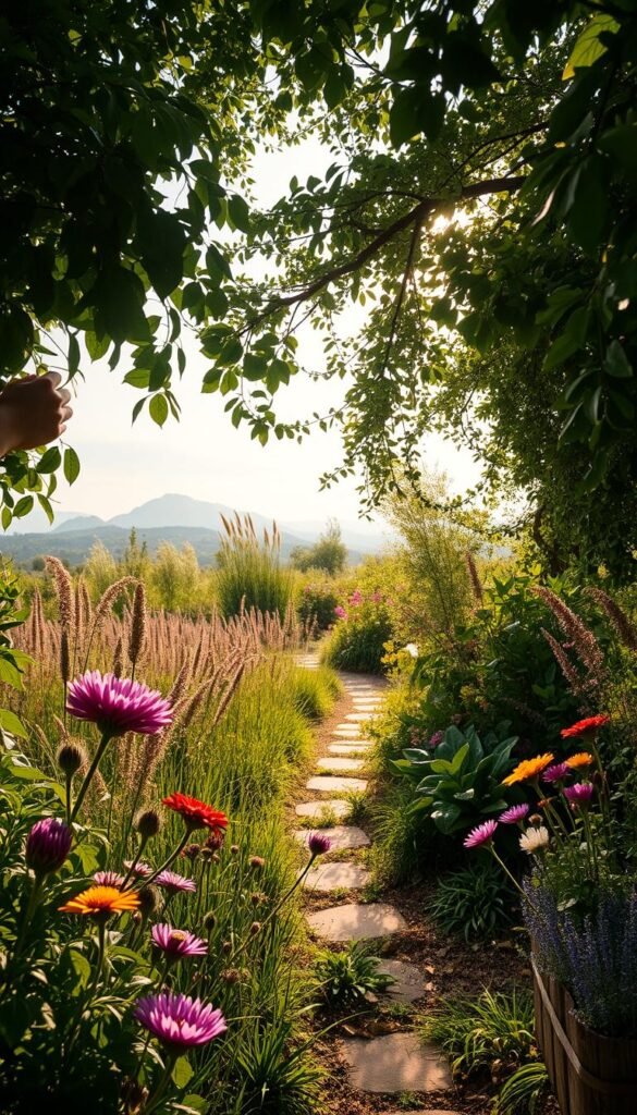 A sun-dappled naturalistic garden, teeming with lush foliage and vibrant wildflowers. In the foreground, a gardener tenderly prunes back overgrown plants, their hands delicately brushing against velvety petals. The middle ground showcases a mix of tall grasses, clustered blooms, and winding paths leading deeper into the verdant oasis. In the background, a soft-focus landscape frames the scene, hazy mountains and a gentle sky creating a sense of tranquility. Warm, diffused lighting filters through the canopy, casting a golden glow over the entire composition. Captured with a wide-angle lens to emphasize the garden's expansive, free-flowing beauty.